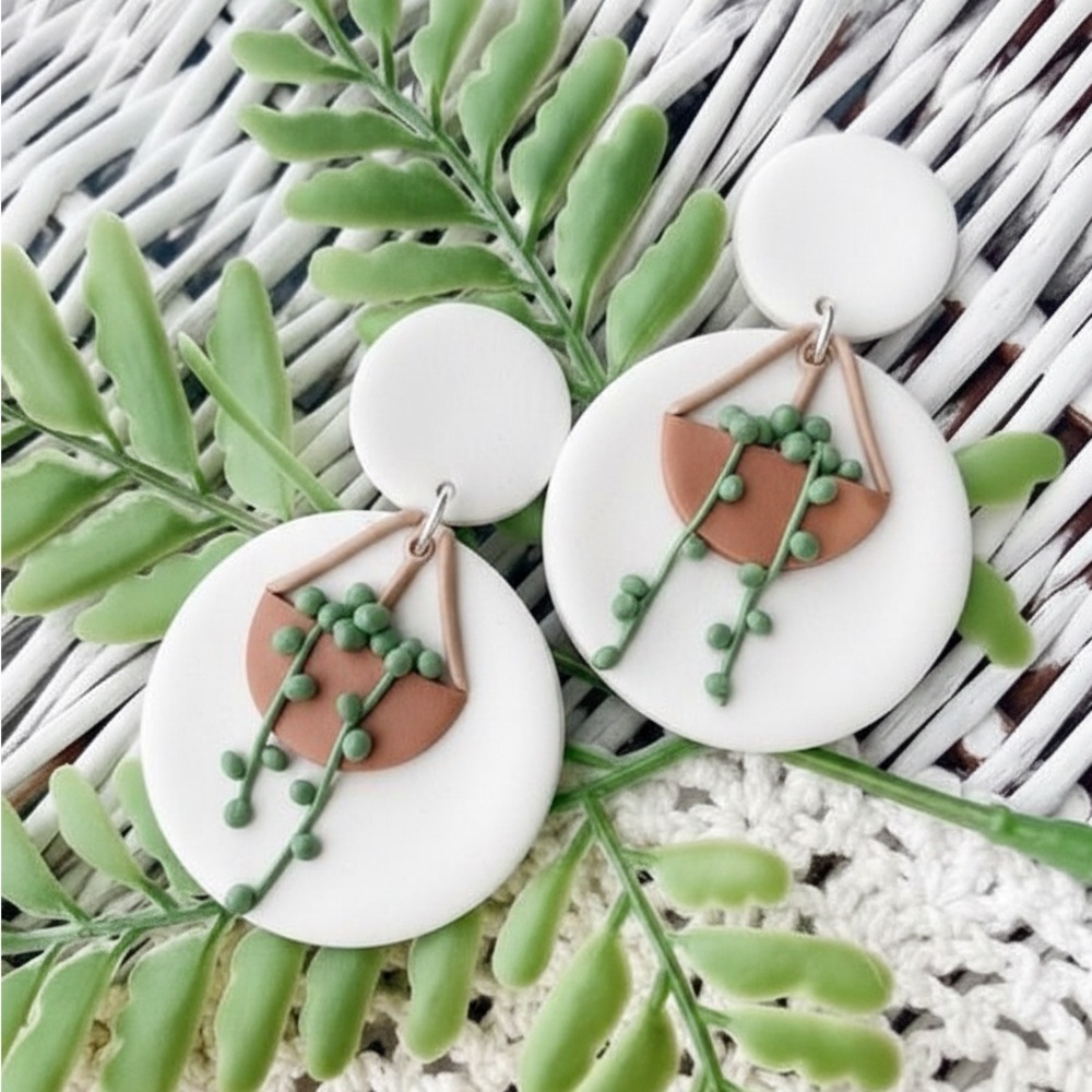 Hanging Plant Dangle Earrings — Handmade — Botanical Clay Earrings